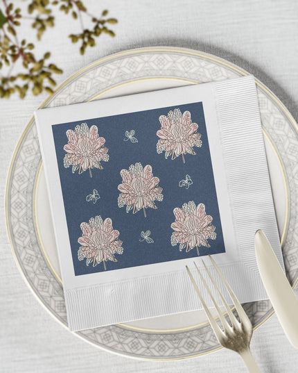 Rose White Floral Butterflies White Coined Napkins, 6.5" x 6.5"