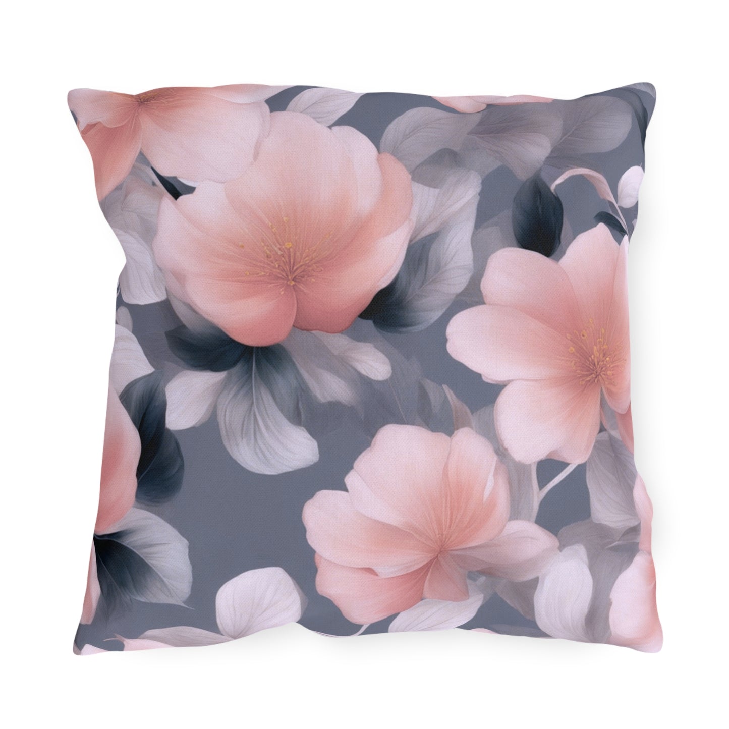 Peach and Blue Gray Floral Bunch 18" x 18" Outdoor Pillow