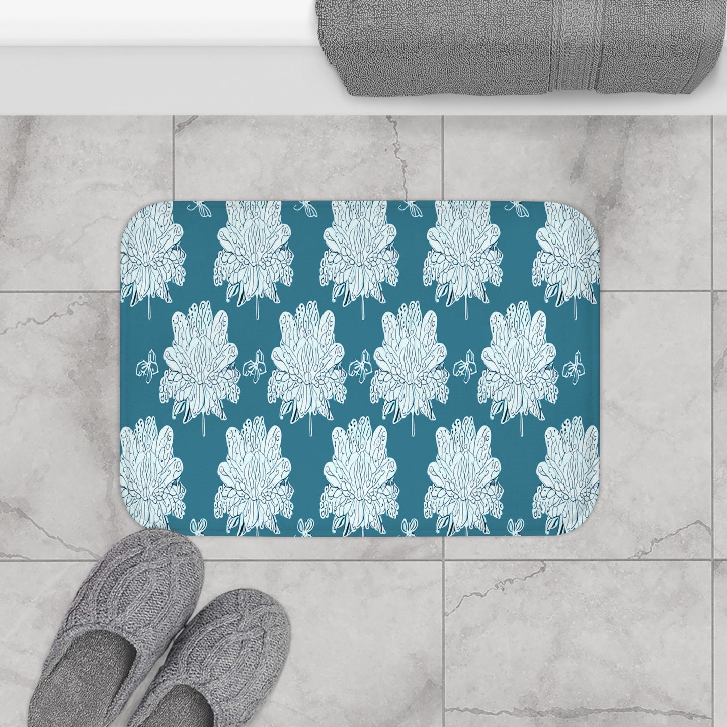 Tif Green White Floral Butterflies 24" x 17" Bath Mat