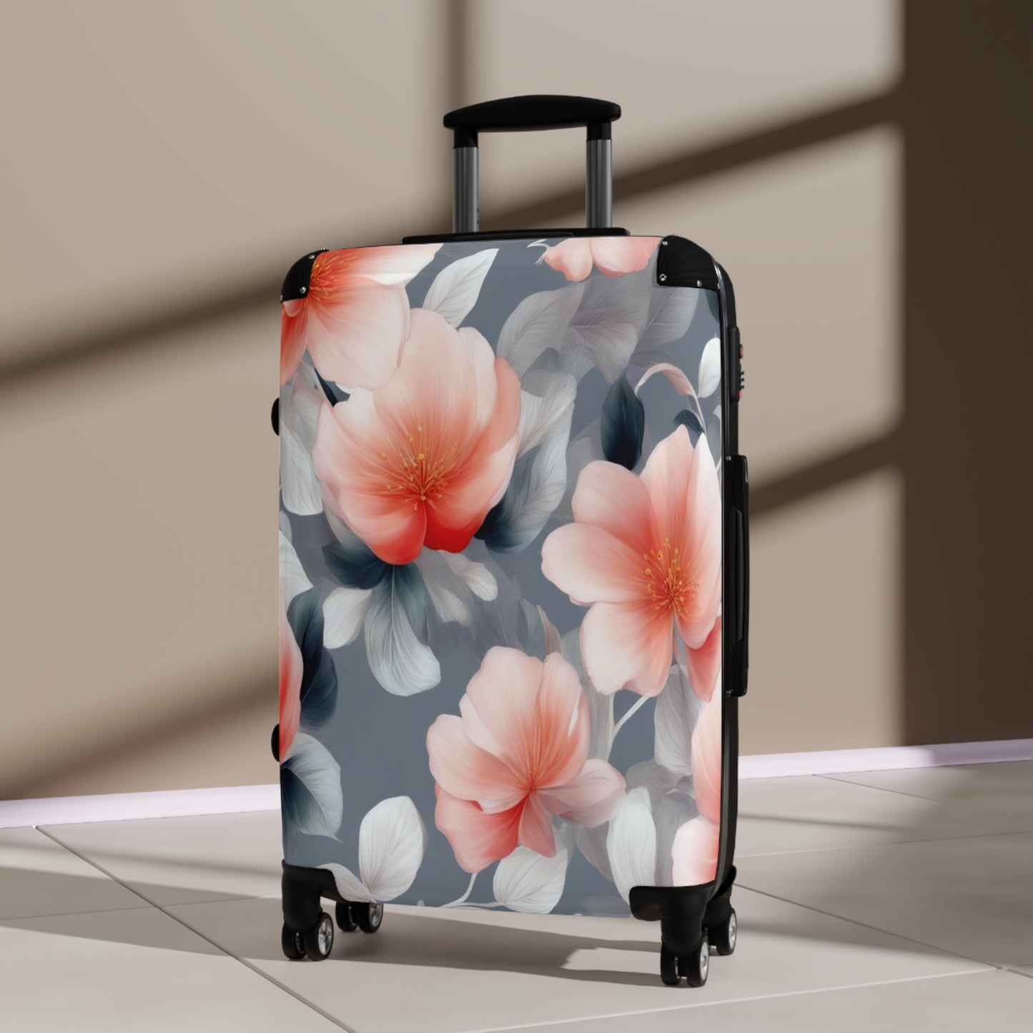 Red Blossom Floral Bunch Medium Suitcase with built in lock, 4 double-wheels, telescopic handle, and ABS back hard-shell