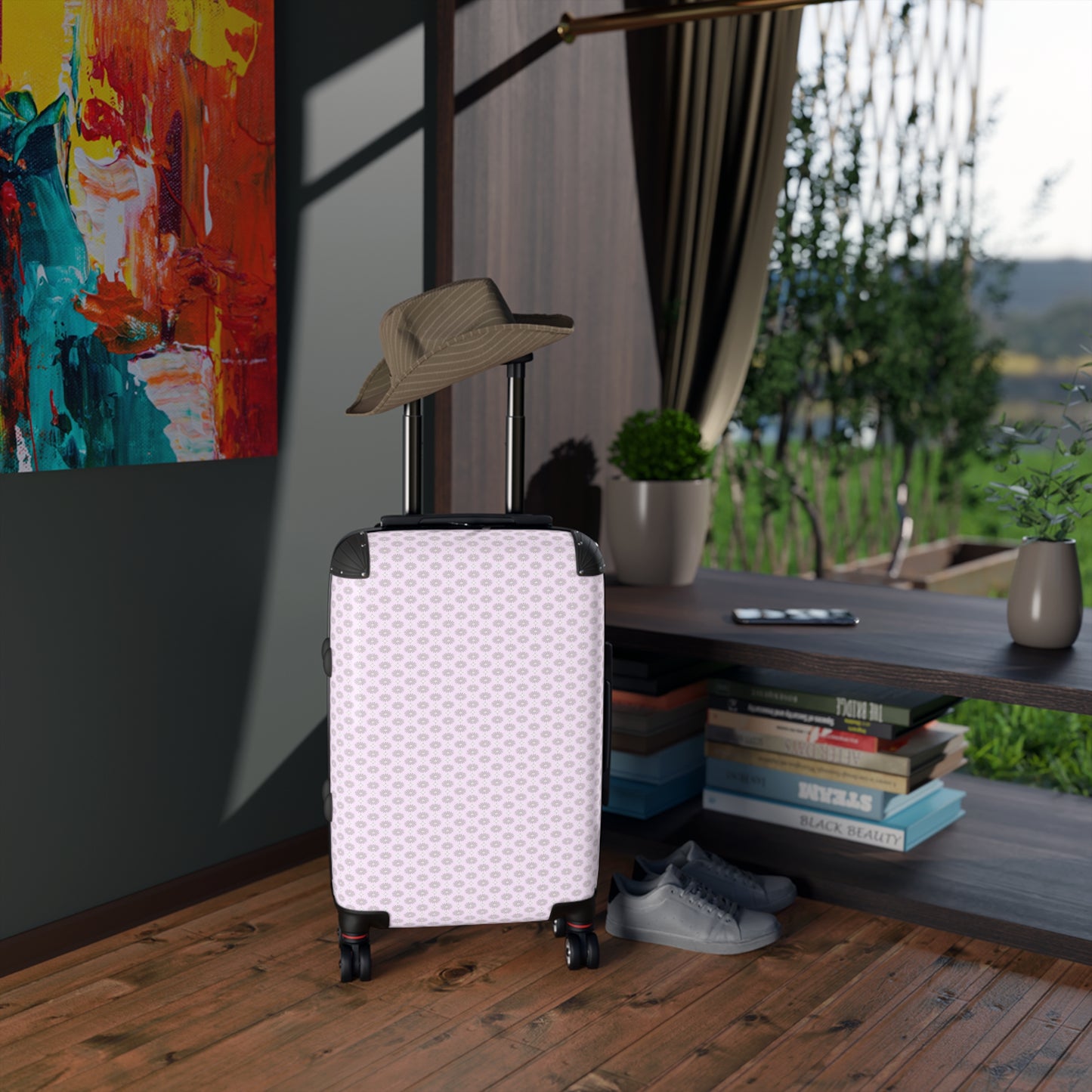 Pink Mornings Star-crossed Bodies Small Suitcase with built in lock, 4 double-wheels, telescopic handle, and ABS back hard-shell
