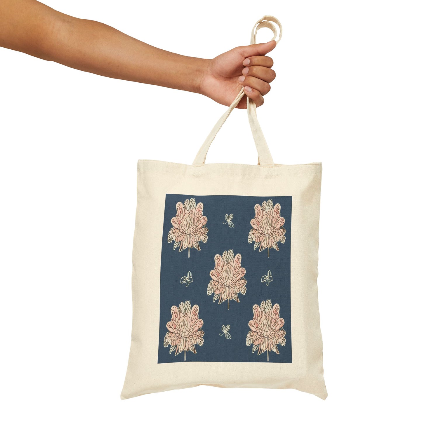Rose White Floral Butterflies Cotton Canvas Tote Bag