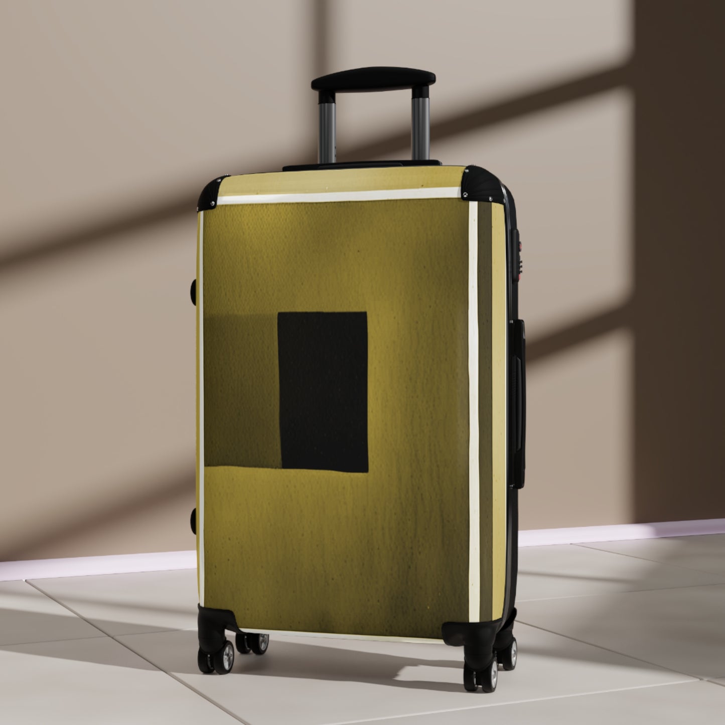 Tan Shadow Medium Suitcase with built in lock, 4 double-wheels, telescopic handle, and ABS back hard-shell