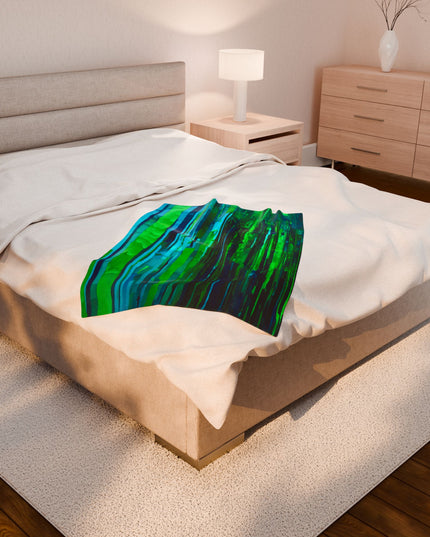 Striped Blue Green Velveteen Plush Blanket, 30" x 40"