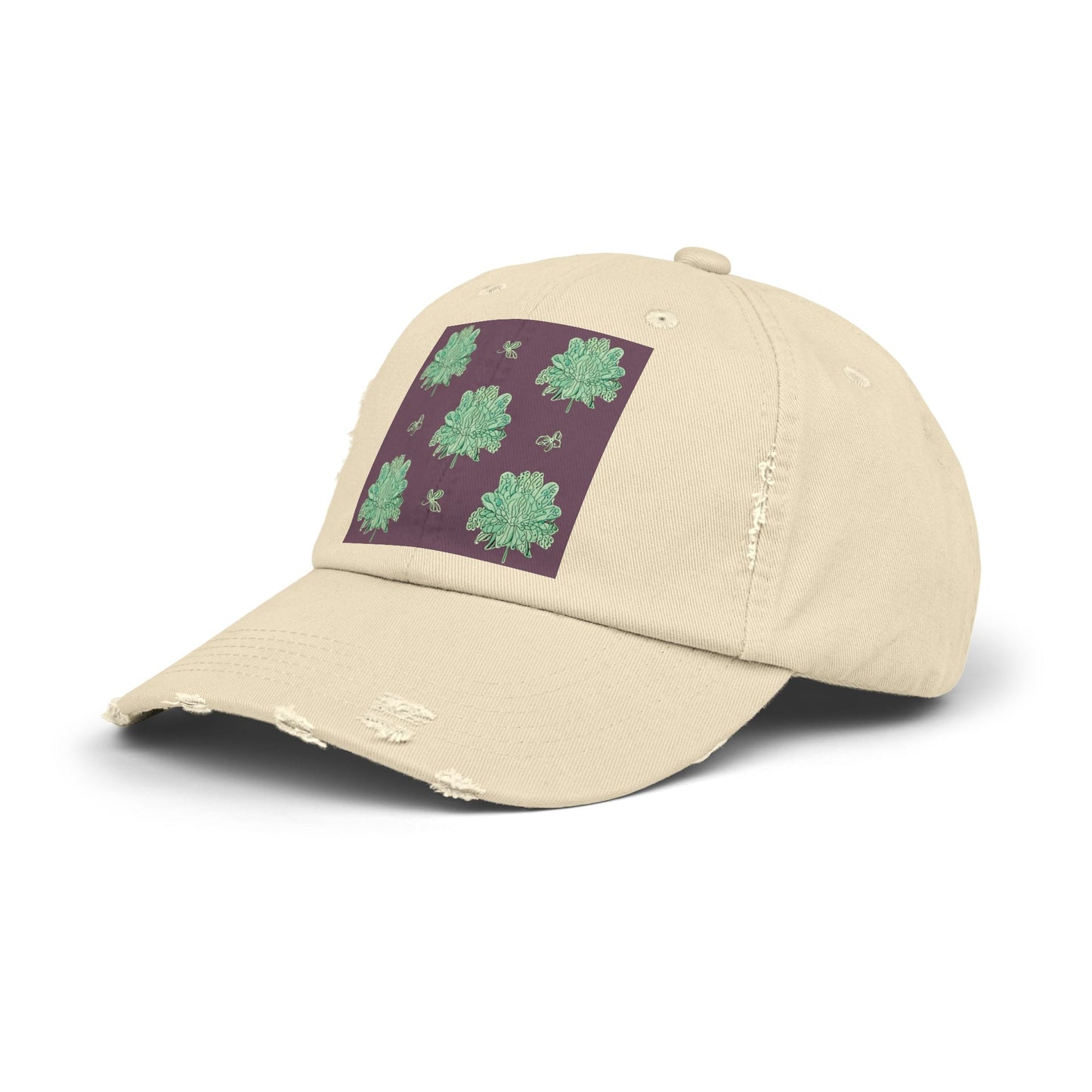 Mint Green Floral Butterflies Unisex Distressed Cap