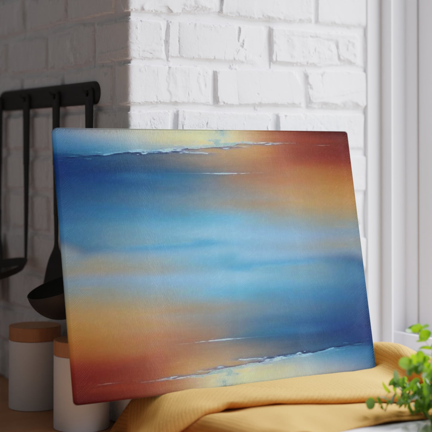 Blue Sea Red Orange Fog Glass Cutting Board, 11" x 15"