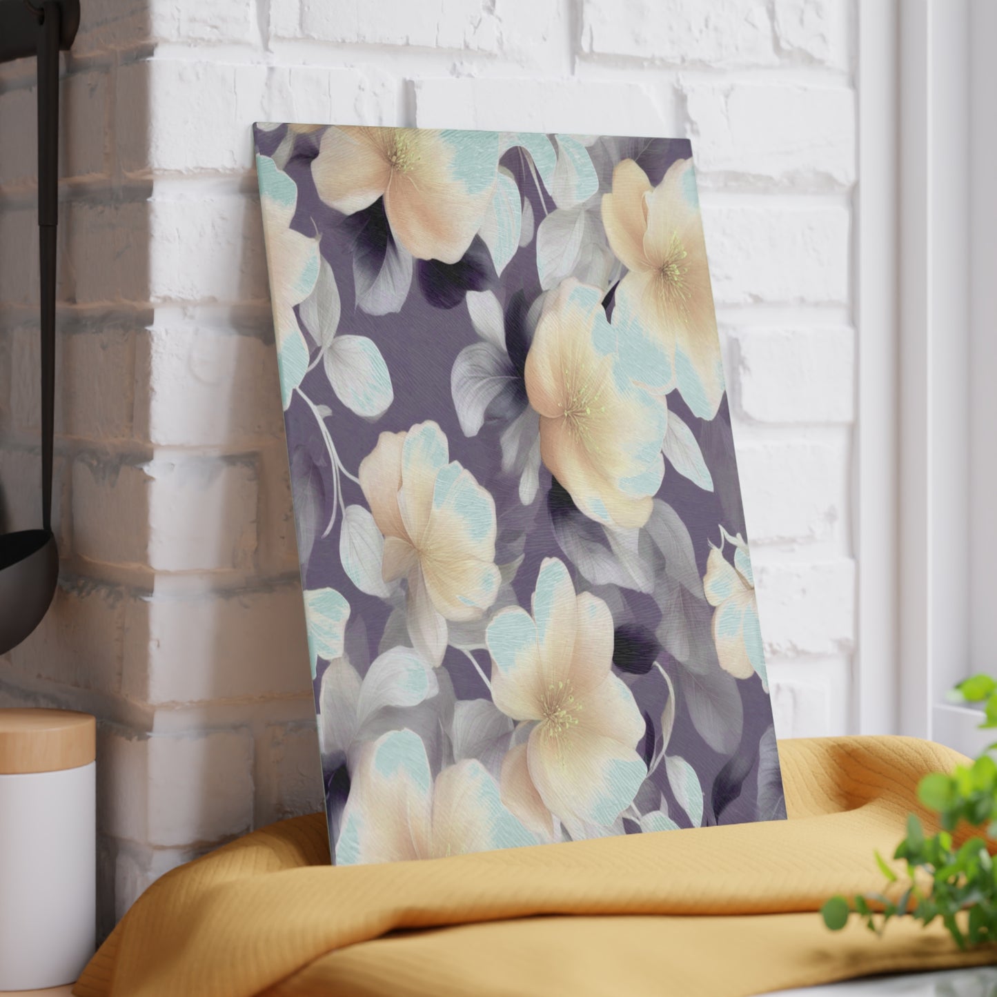 White Blush Floral Bunch Glass Cutting Board, 8" x 11"