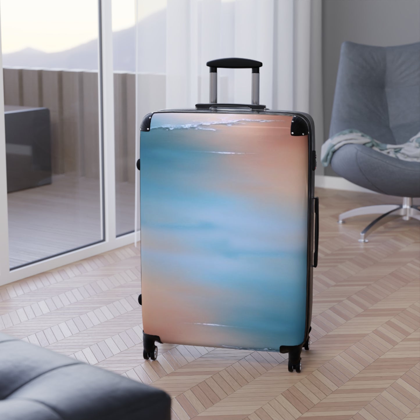 Blue Sea Peach Fog Large Suitcase with built in lock, 4 double-wheels, telescopic handle, and ABS back hard-shell