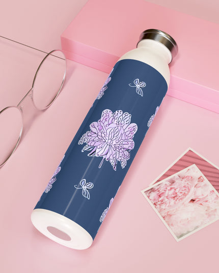 Purple White Floral Butterflies Slim Water Bottle, 20 oz White