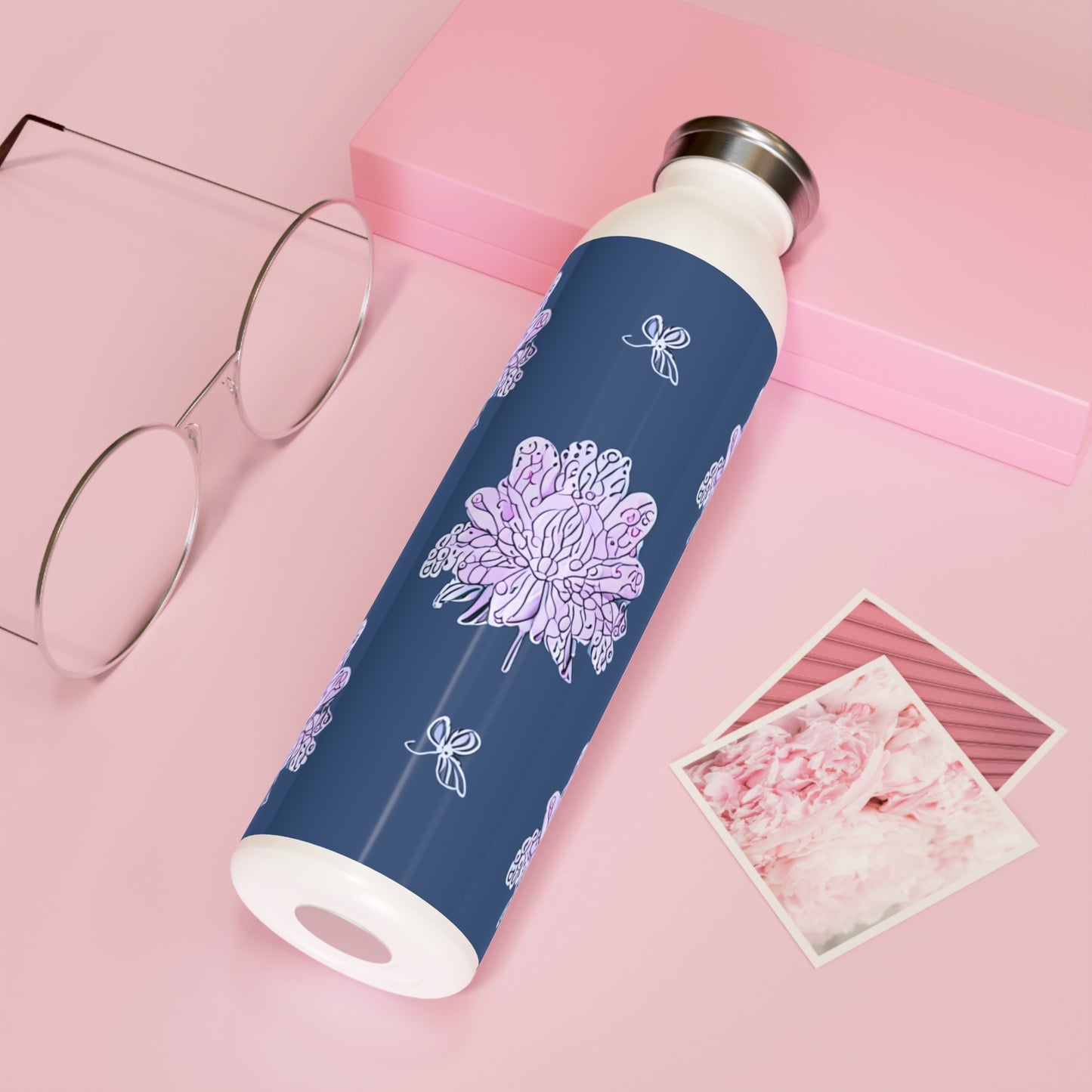 Purple White Floral Butterflies Slim Water Bottle, 20 oz White
