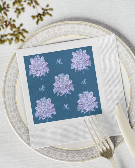 Lavender Floral Butterflies White Coined Napkins, 6.5" x 6.5"