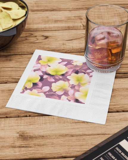 Lemon Blossom Floral Bunch White Coined Napkins, 6.5" x 6.5"