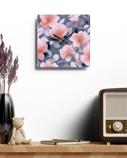 Peach and Blue Gray Floral Bunch Acrylic Wall Clock, Round or Square, 10.75" x 10.75"