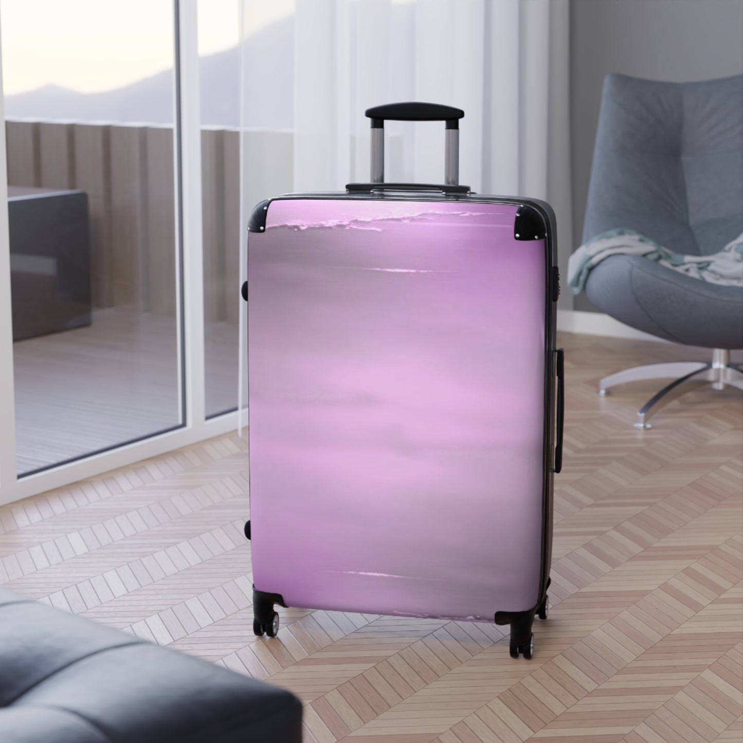 Dark Pink Sea Amethyst Fog Large Suitcase with built in lock, 4 double-wheels, telescopic handle, and ABS back hard-shell