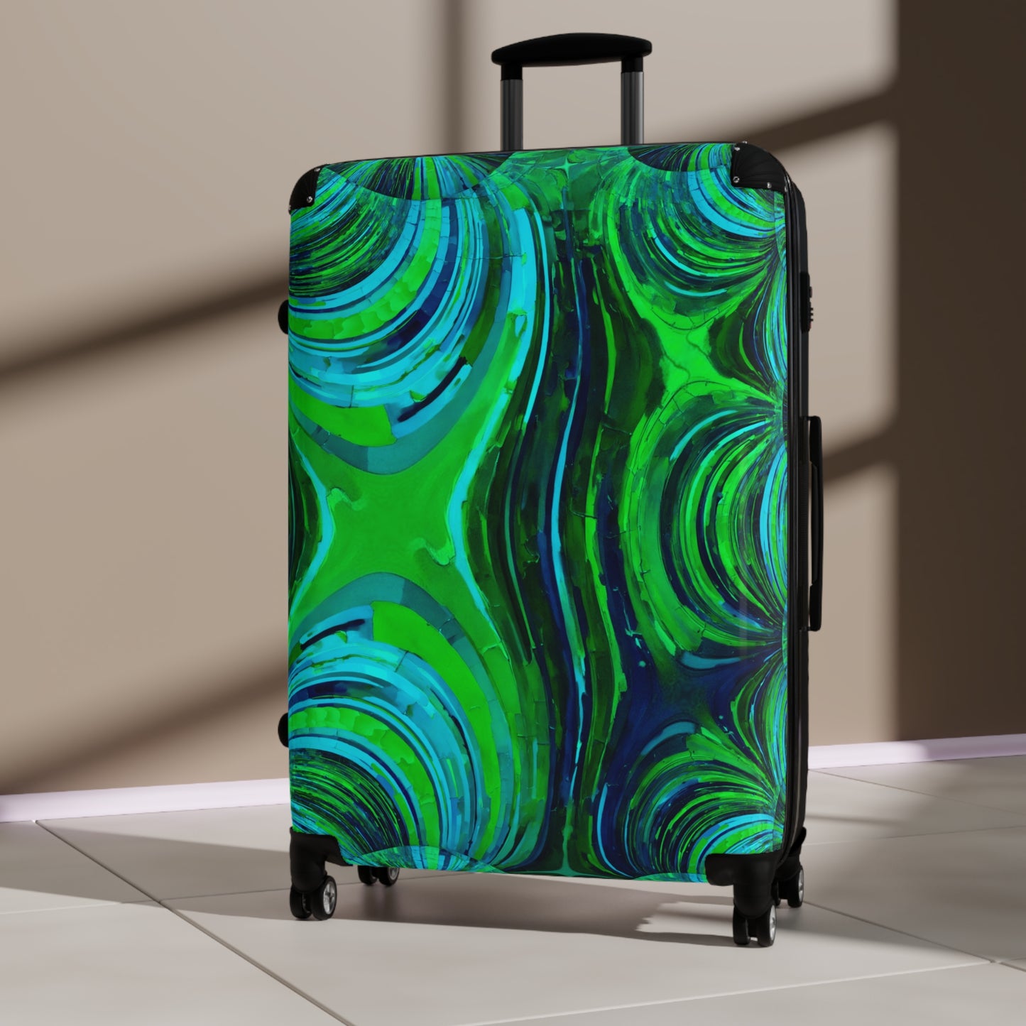 Uzi Spiral Blue Green Large Suitcase with built in lock, 4 double-wheels, telescopic handle, and ABS back hard-shell