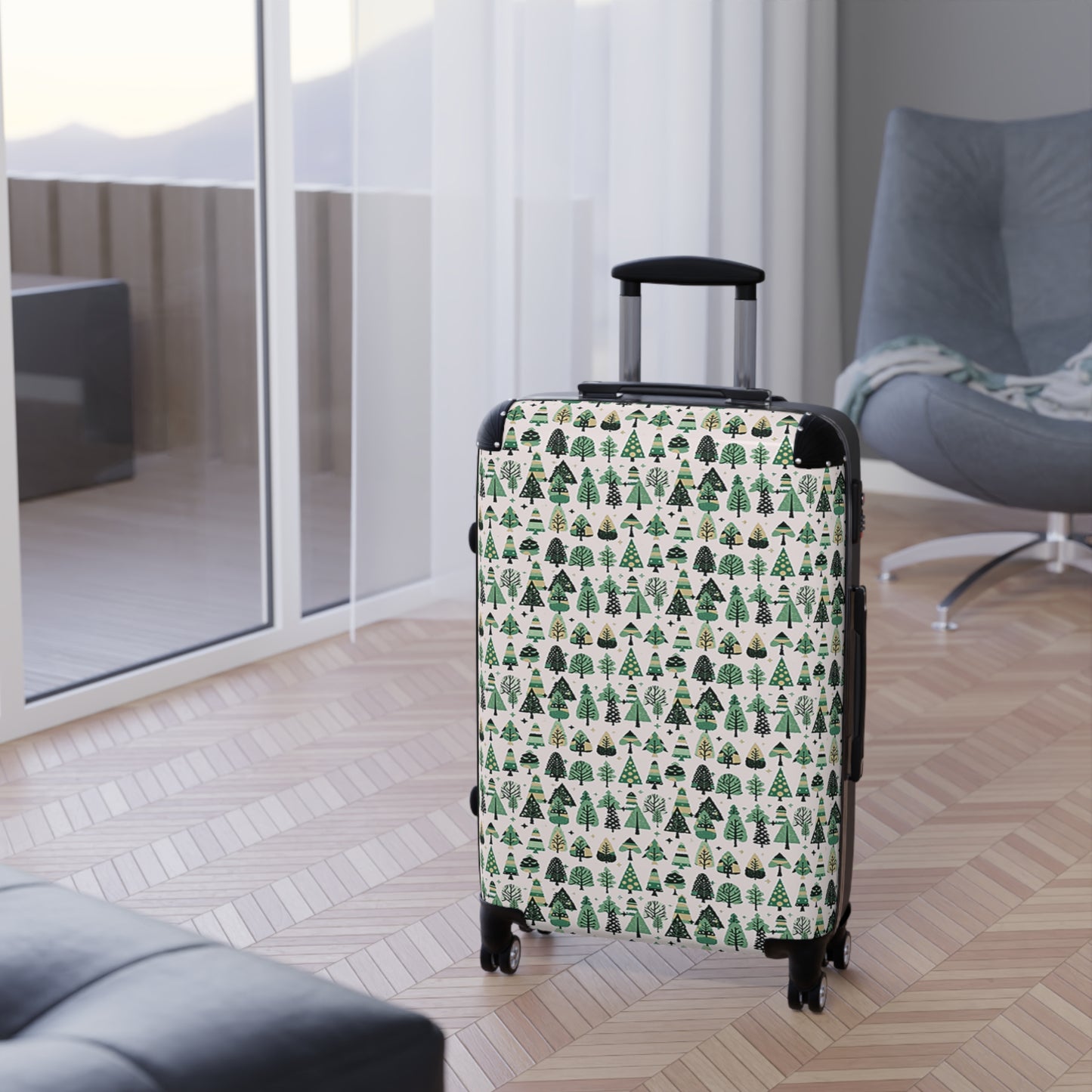 Mini Vintage Green Trees Medium Suitcase with built in lock, 4 double-wheels, telescopic handle, and ABS back hard-shell