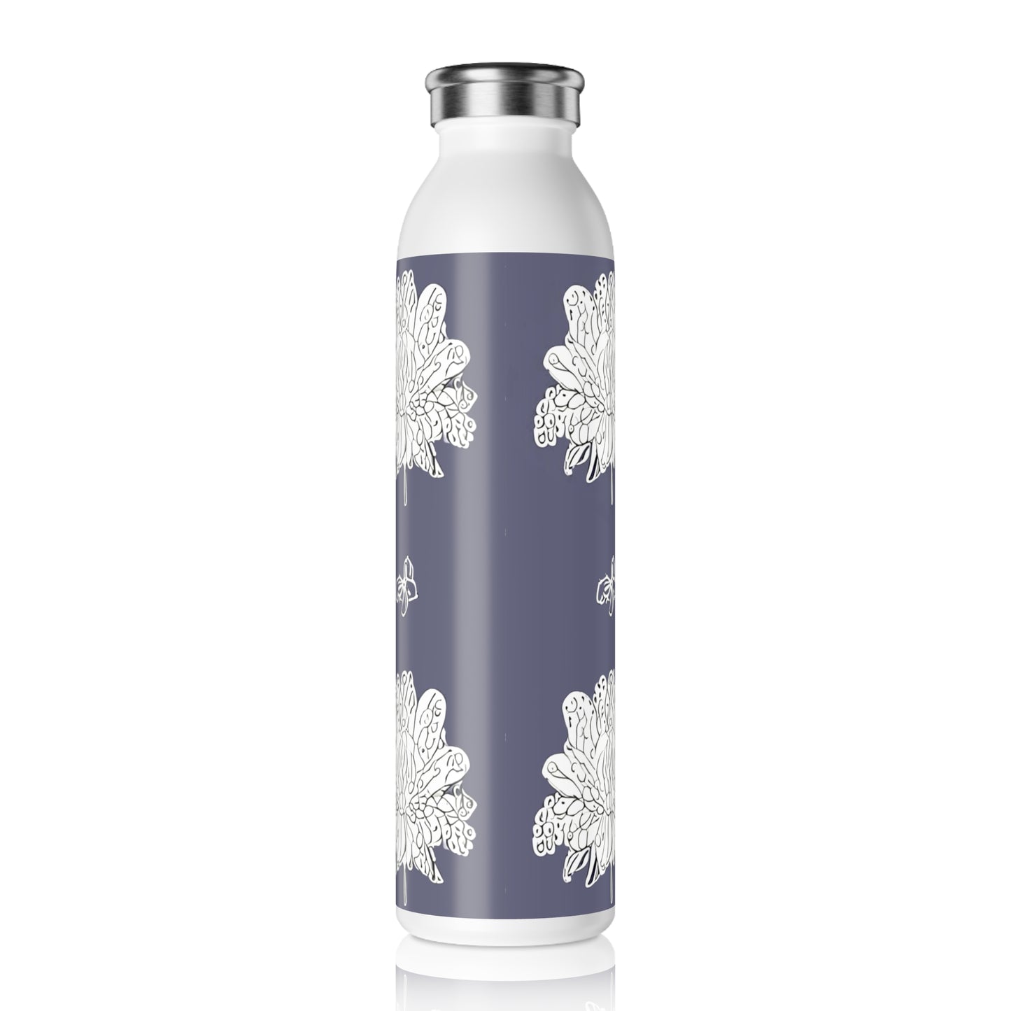 White Floral Butterflies Slim Water Bottle, 20 oz White