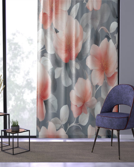 Red Blossom Floral Bunch Sheer Window Curtain, 50" x 84", partially transparent