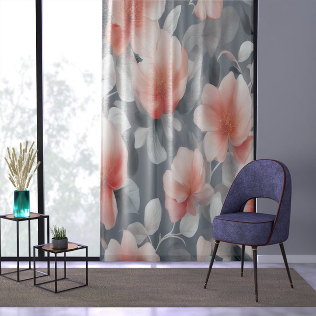 Red Blossom Floral Bunch Sheer Window Curtain, 50" x 84", partially transparent