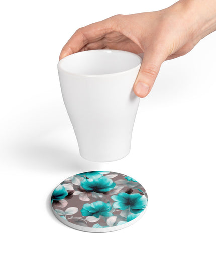 Tif Green Gray Floral Bunch Round Ceramic Coaster, 4" x 4"