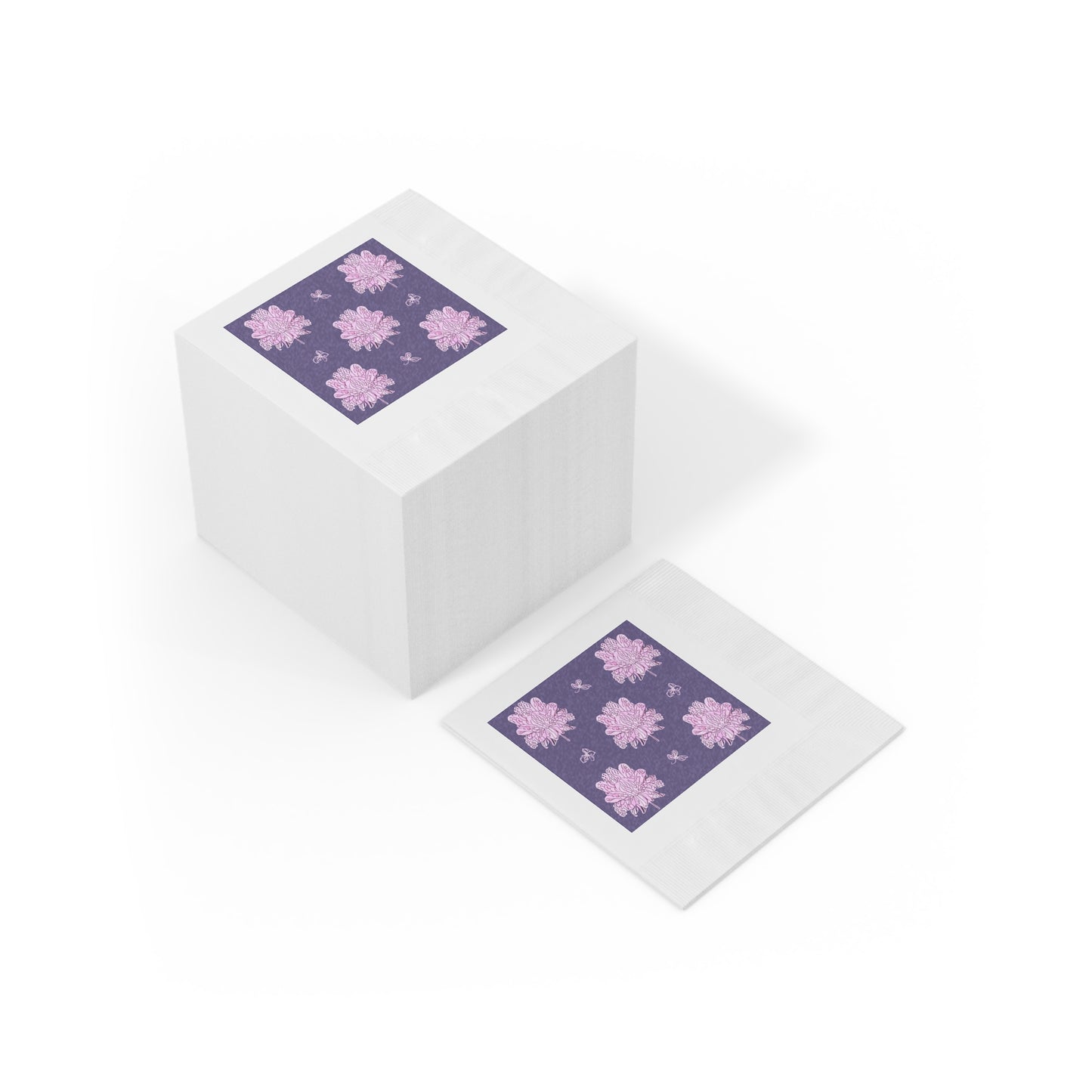 Magenta Floral Butterflies White Coined Napkins, 4.8" x 4.8"