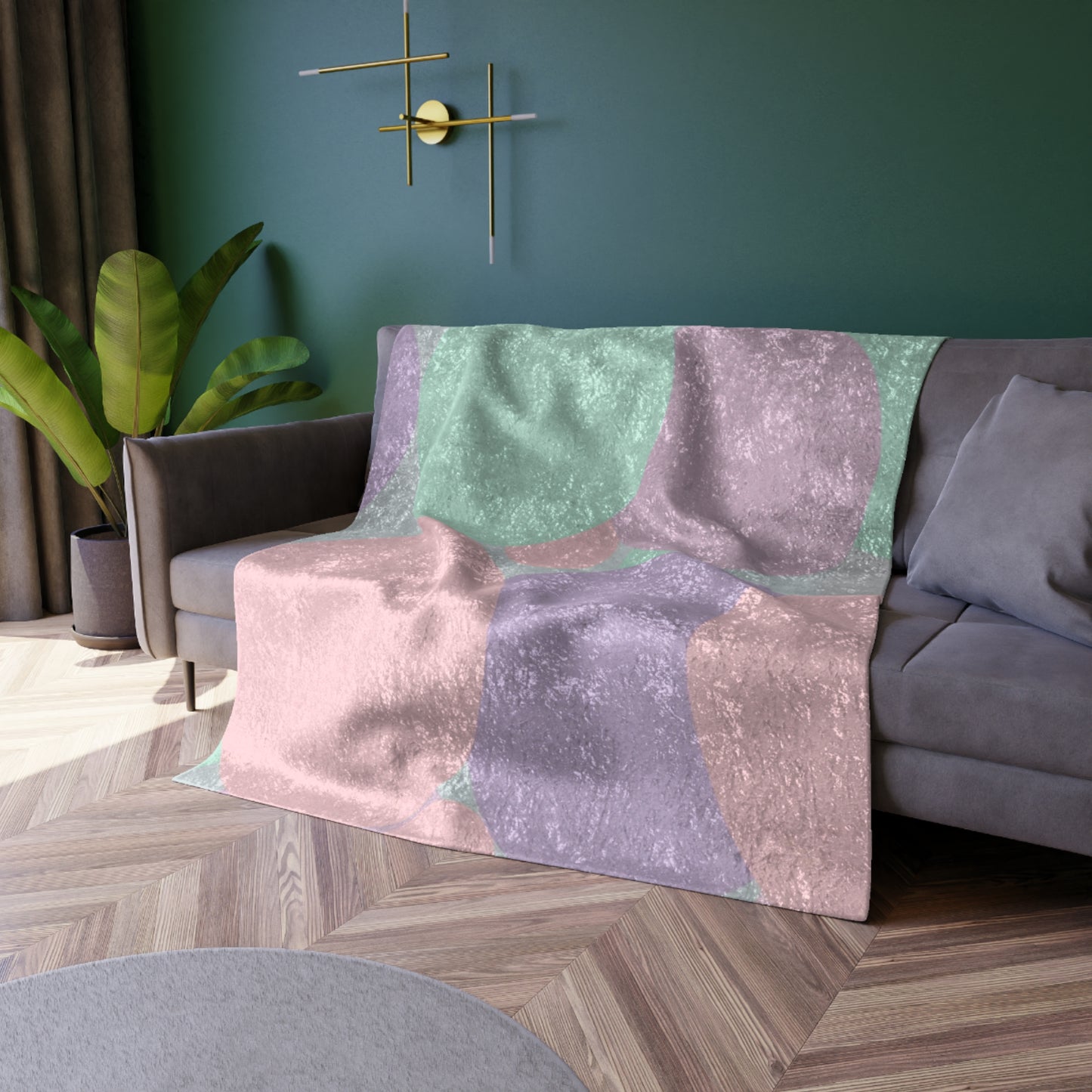 Pastel Peach and Soft Green Patches 50" x 60" Crushed Velvet Blanket