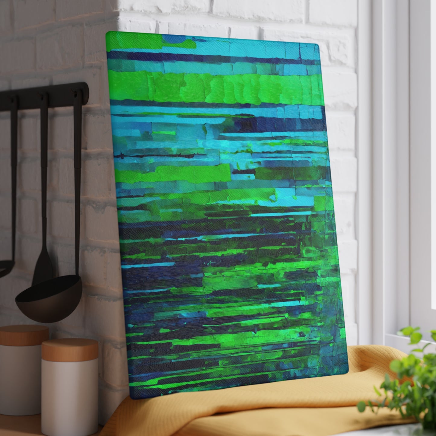 Striped Blue Green 11" x 15" Glass Cutting Board