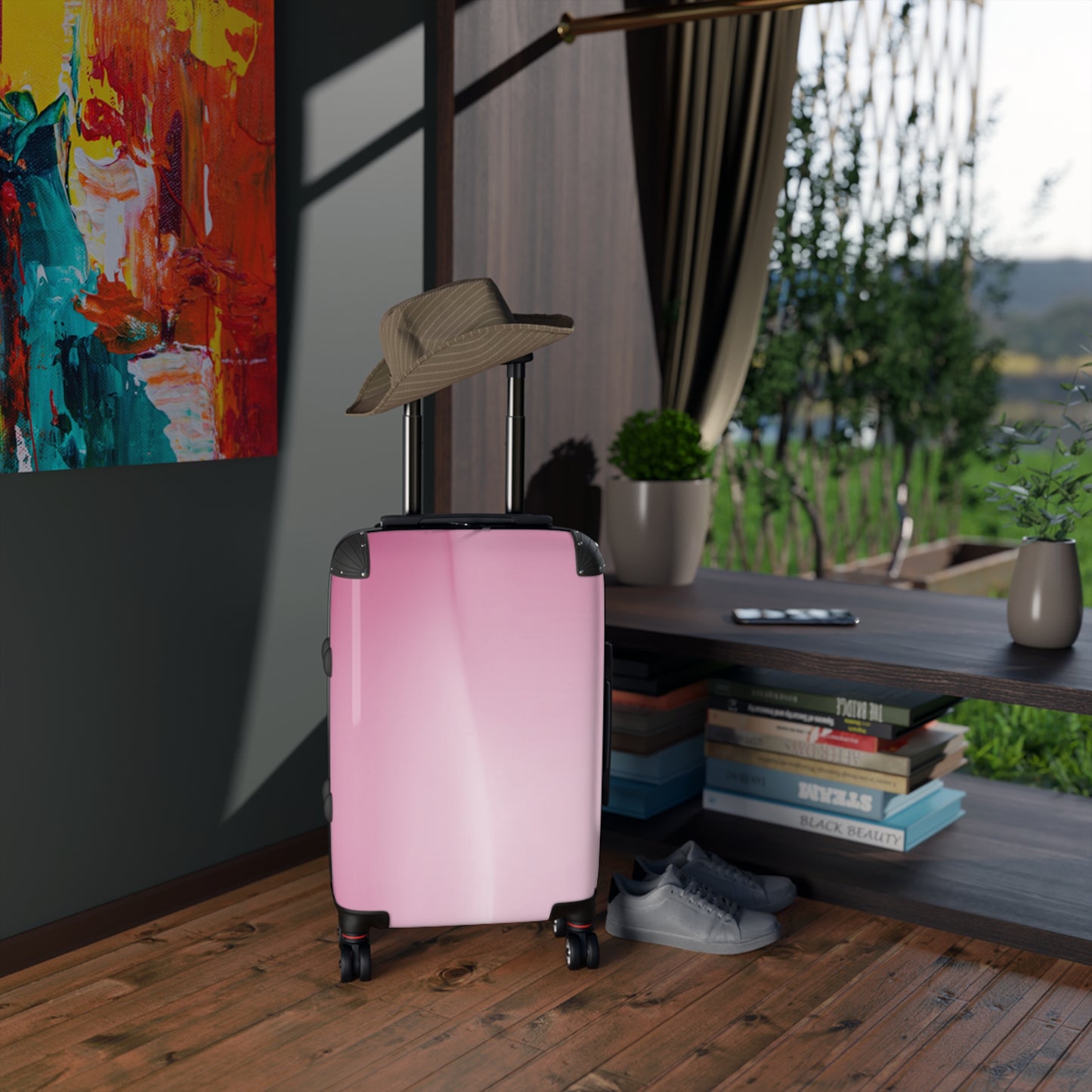 Pink Blush Fade Small Suitcase with built in lock, 4 double-wheels, telescopic handle, and ABS back hard-shell