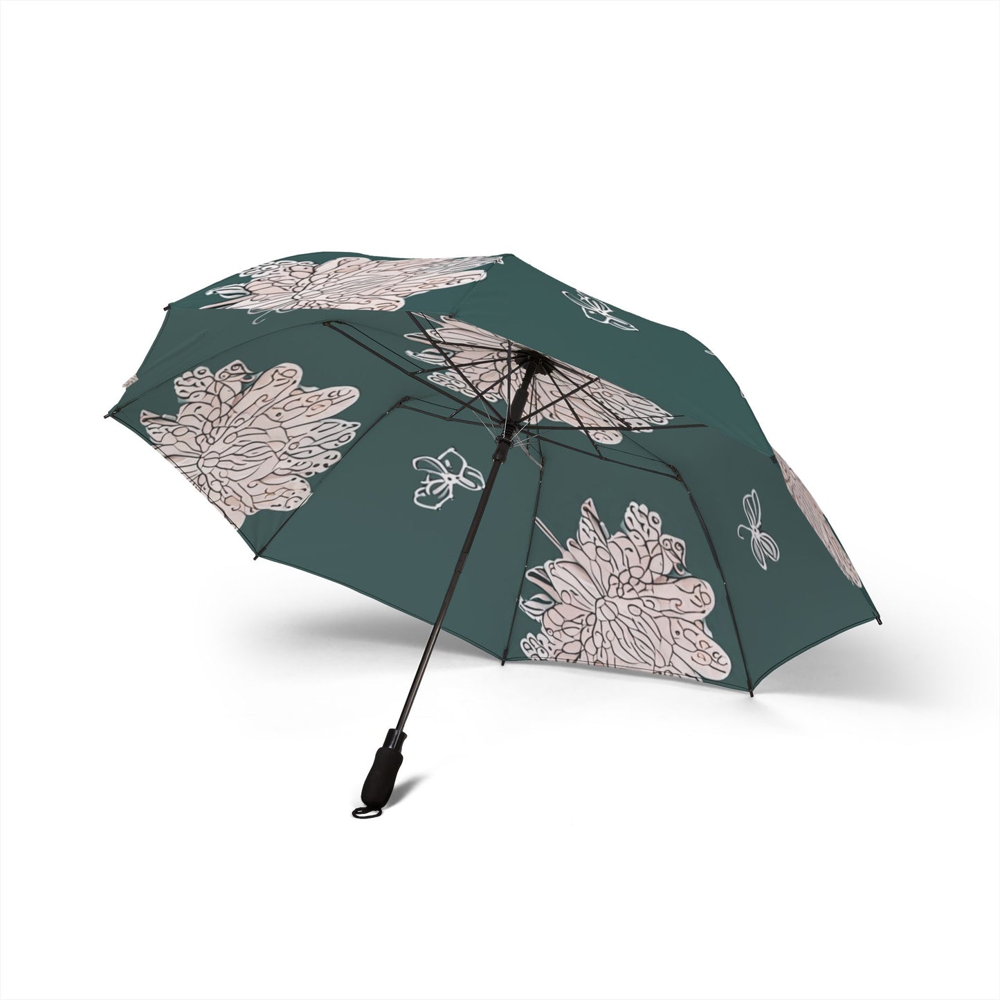 Soft White Floral Butterflies Foldable Umbrella - Compact & Chic