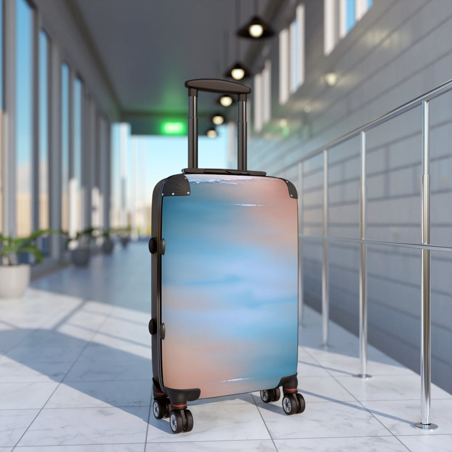 Blue Sea Peach Fog Small Suitcase with built in lock, 4 double-wheels, telescopic handle, and ABS back hard-shell