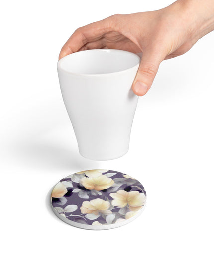 White Blush Floral Bunch Round Ceramic Coaster, 4" x 4"
