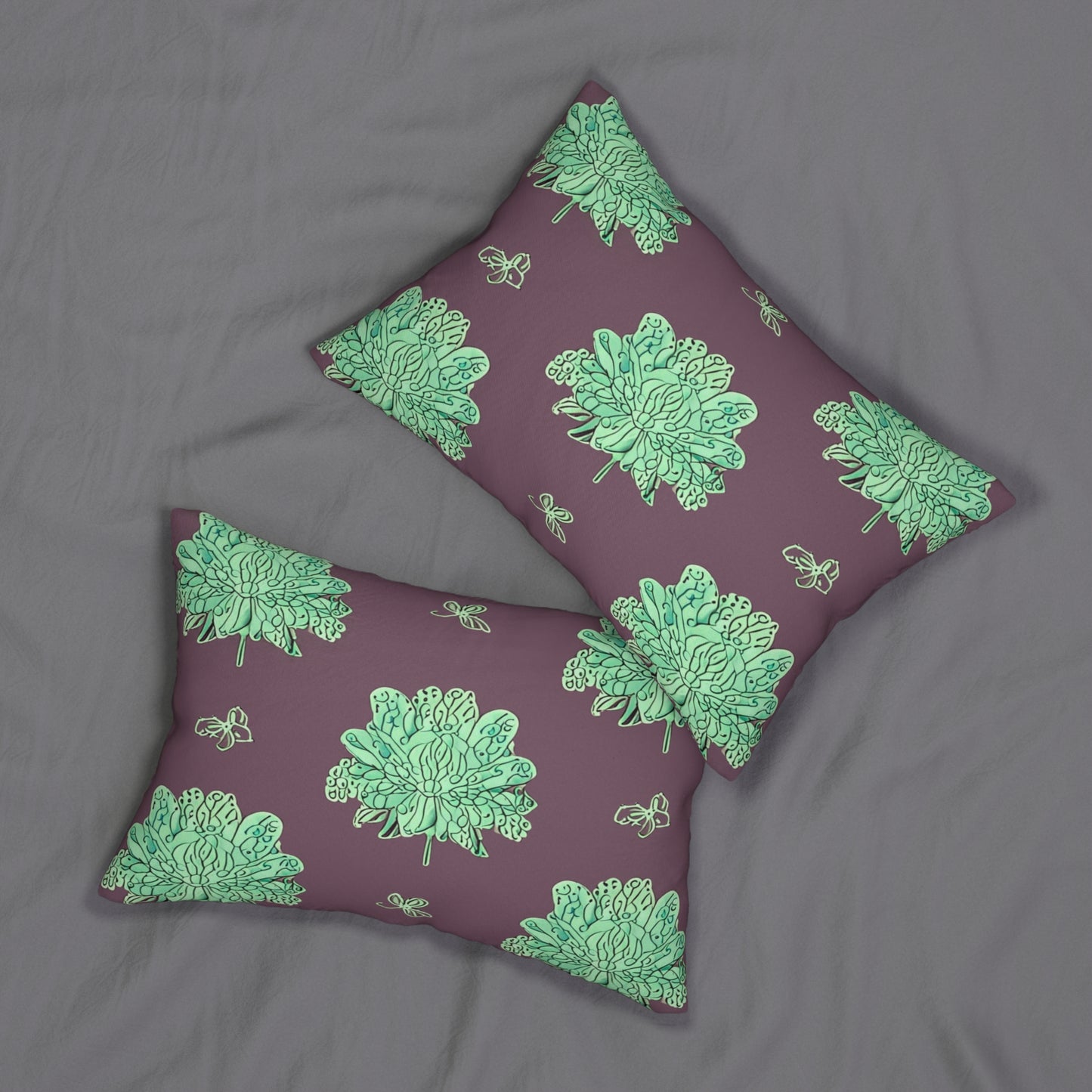 Mint Green Floral Butterflies Spun Polyester Lumbar Pillow, 20" x 14"