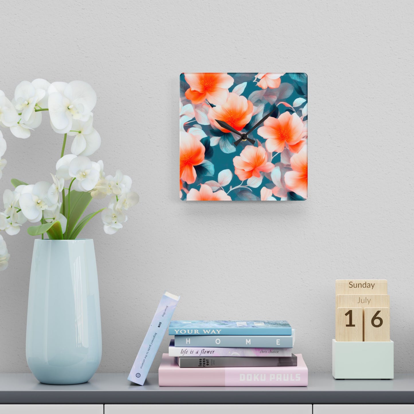 Orange Blossom Floral Bunch Acrylic Wall Clock, Round or Square, 10.75" x 10.75"