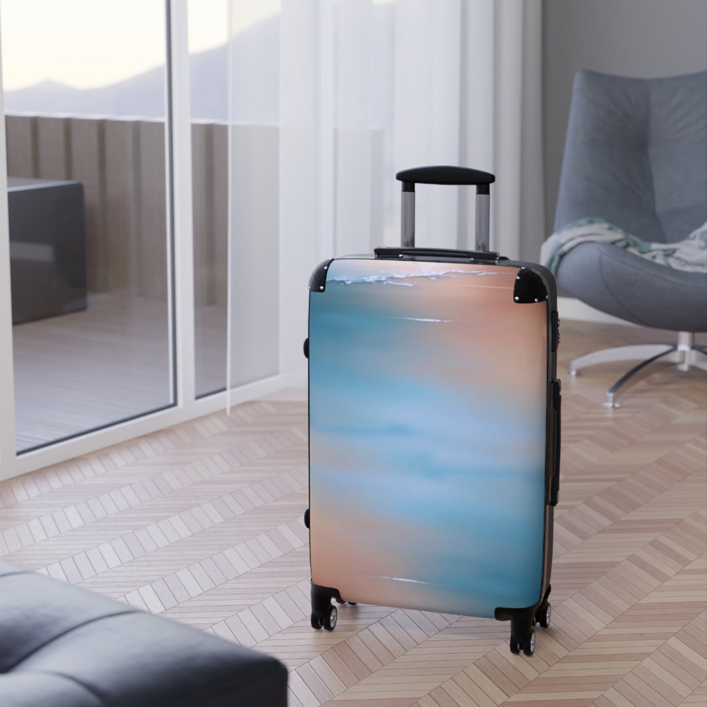 Blue Sea Peach Fog Medium Suitcase with built in lock, 4 double-wheels, telescopic handle, and ABS back hard-shell