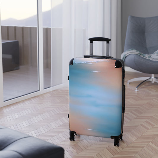 Blue Sea Peach Fog Medium Suitcase with built in lock, 4 double-wheels, telescopic handle, and ABS back hard-shell