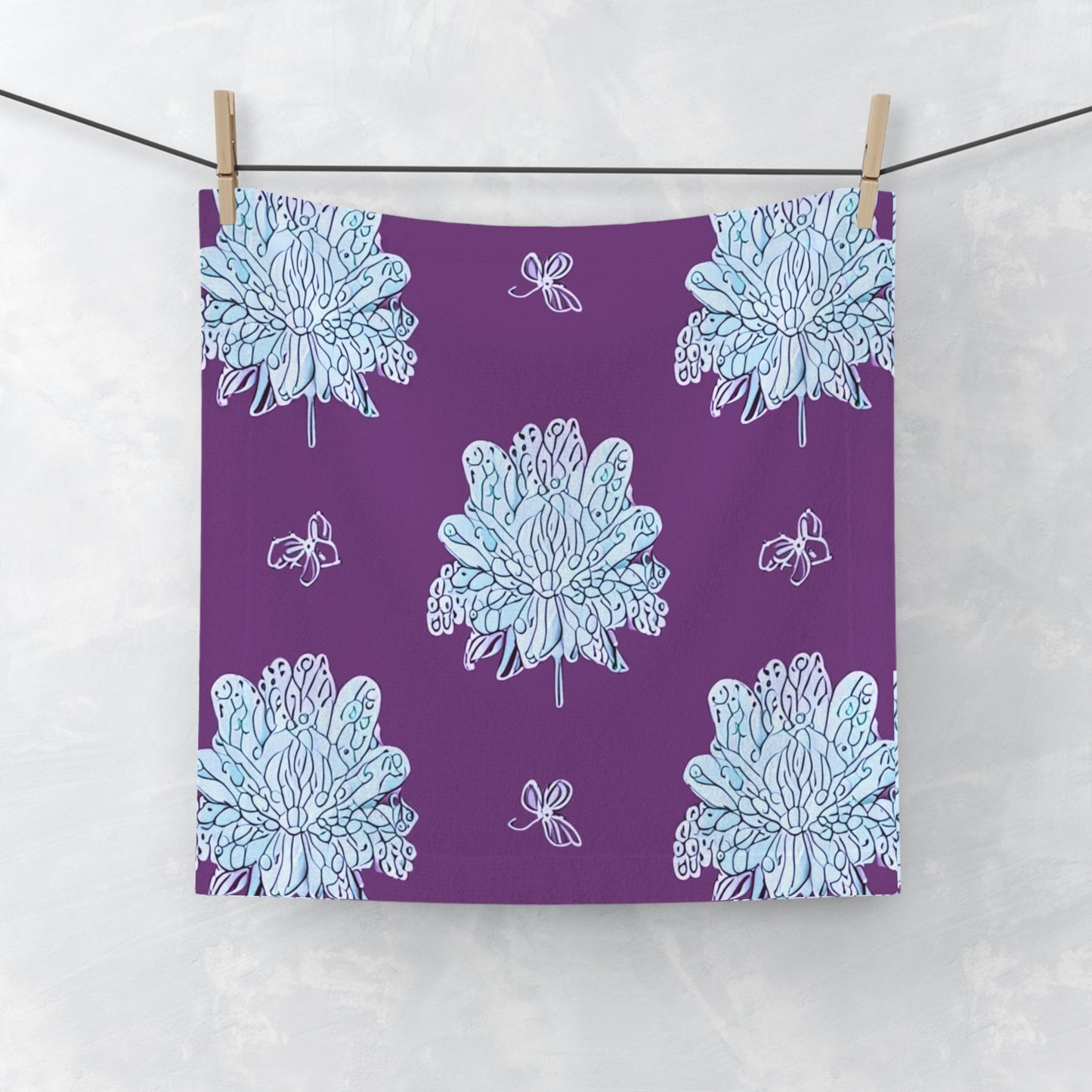 Blue Floral Butterflies Face Towel, 13" x 13"