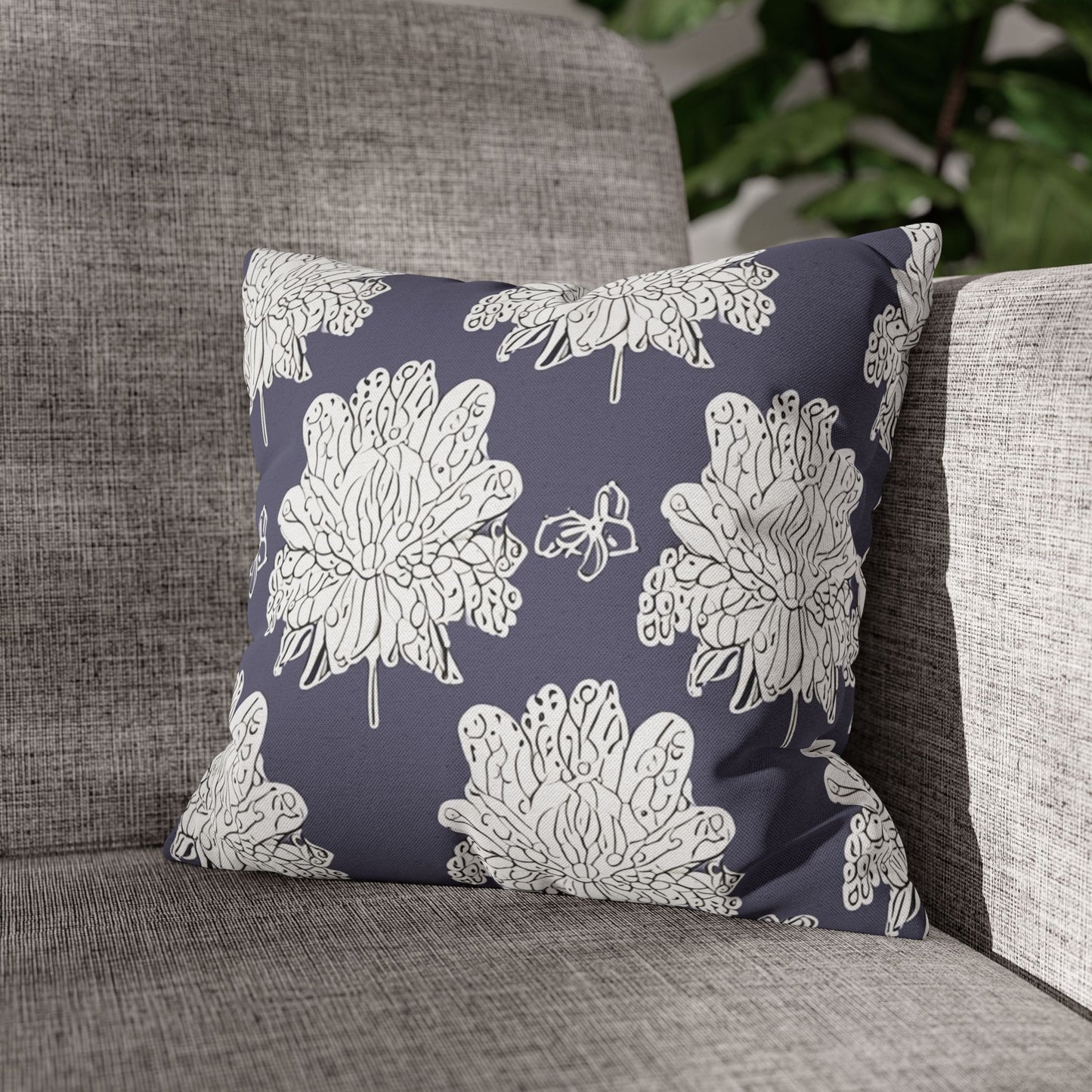 White Floral Butterflies Spun Polyester Square Pillowcase, 14" x 14"