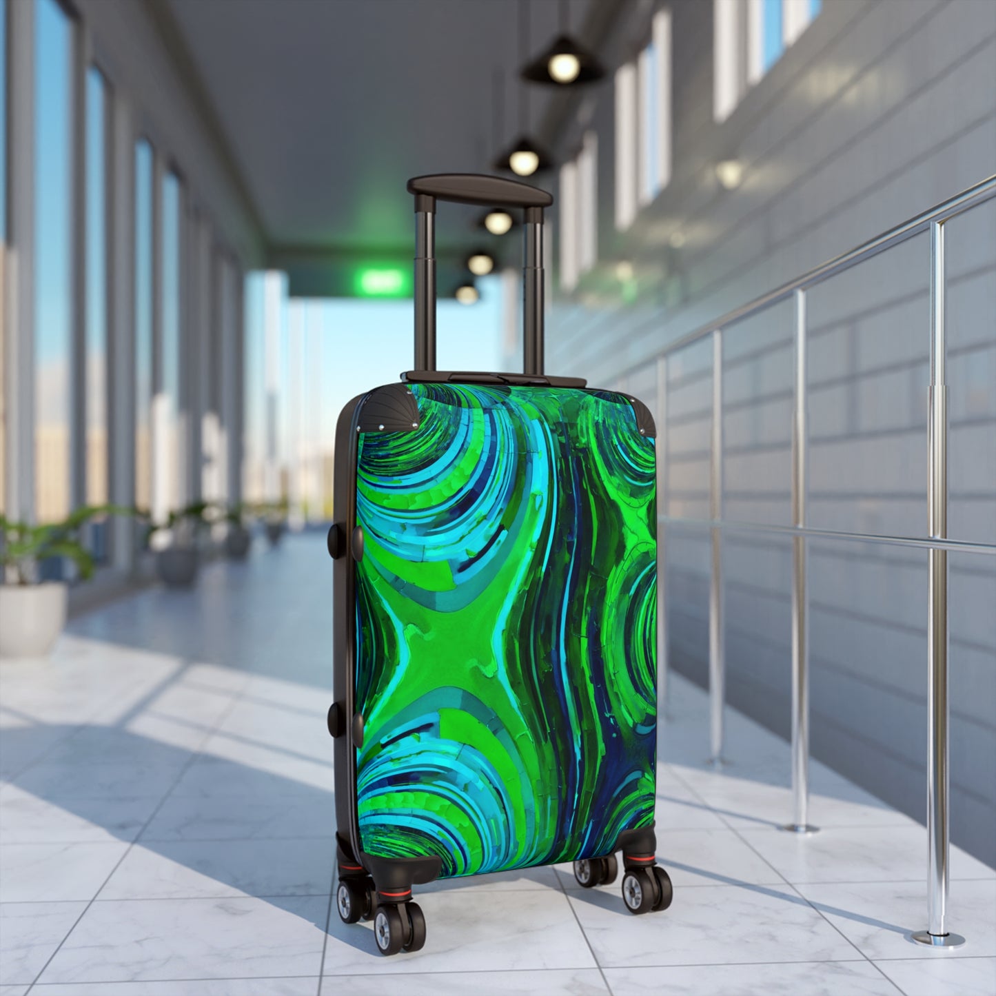 Uzi Spiral Blue Green Small Suitcase with built in lock, 4 double-wheels, telescopic handle, and ABS back hard-shell