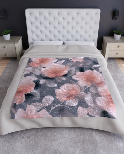 Peach and Blue Gray Floral Bunch Crushed Velvet Blanket, 50" x 60"