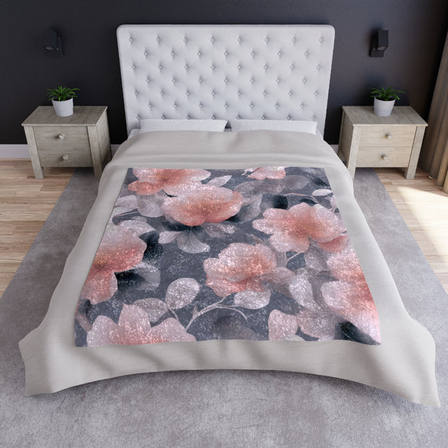 Peach and Blue Gray Floral Bunch Crushed Velvet Blanket, 50" x 60"