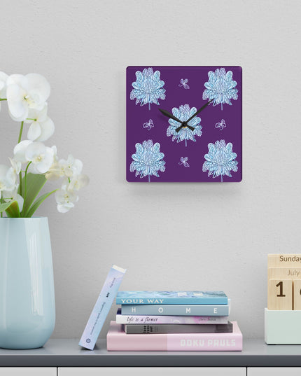 Blue Floral Butterflies Acrylic Wall Clock, Round or Square, 10.75" x 10.75"