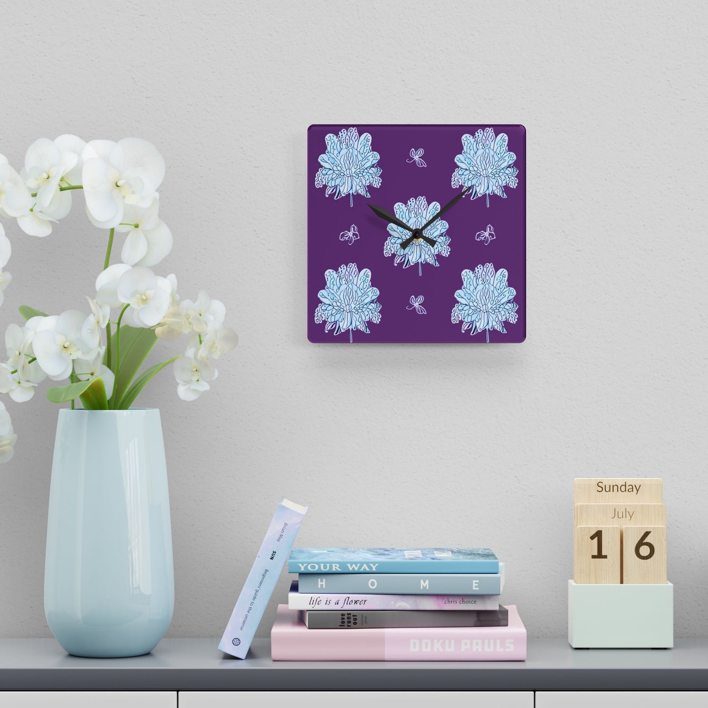 Blue Floral Butterflies Acrylic Wall Clock, Round or Square, 10.75" x 10.75"