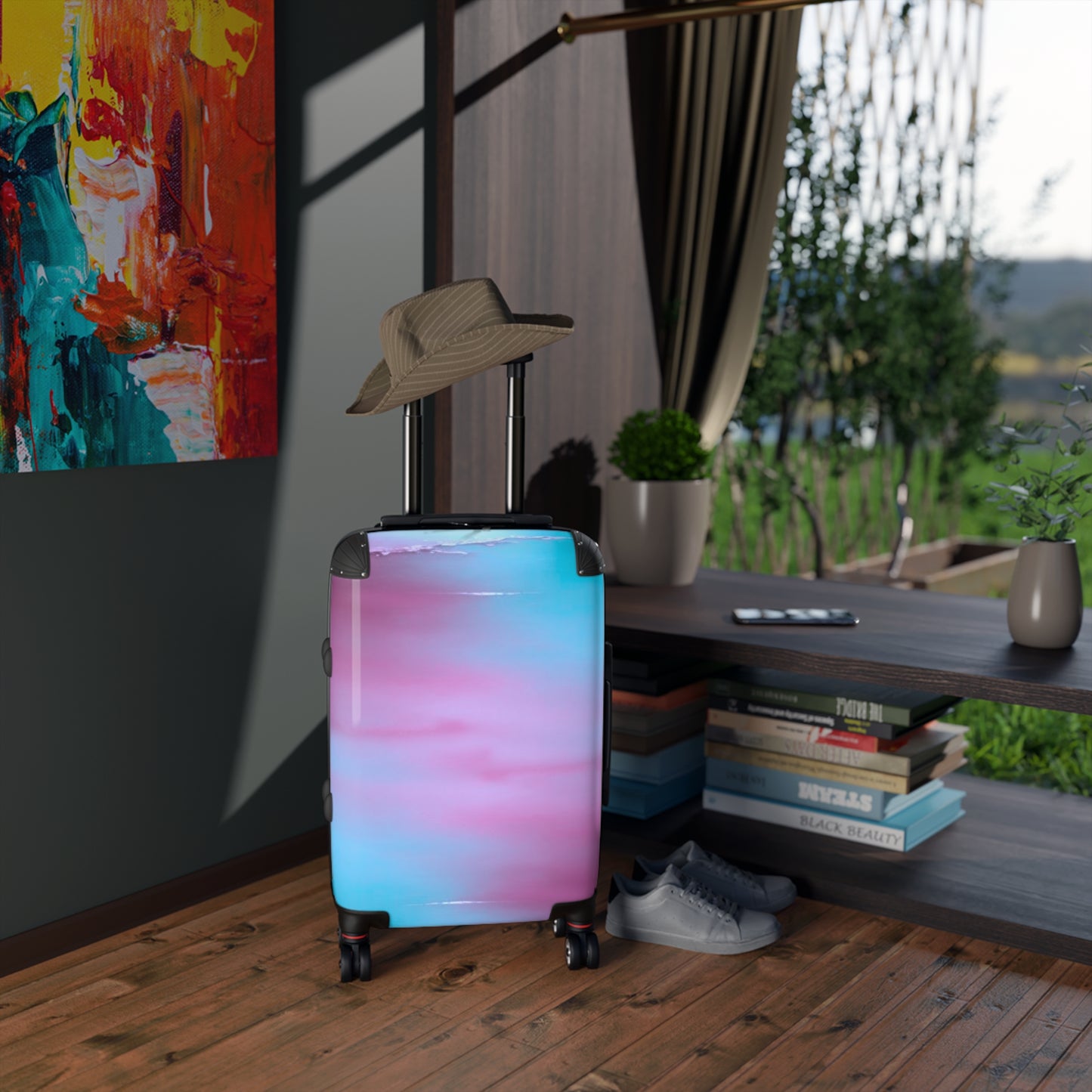 Wine Sea Blue Fog Small Suitcase with built in lock, 4 double-wheels, telescopic handle, and ABS back hard-shell