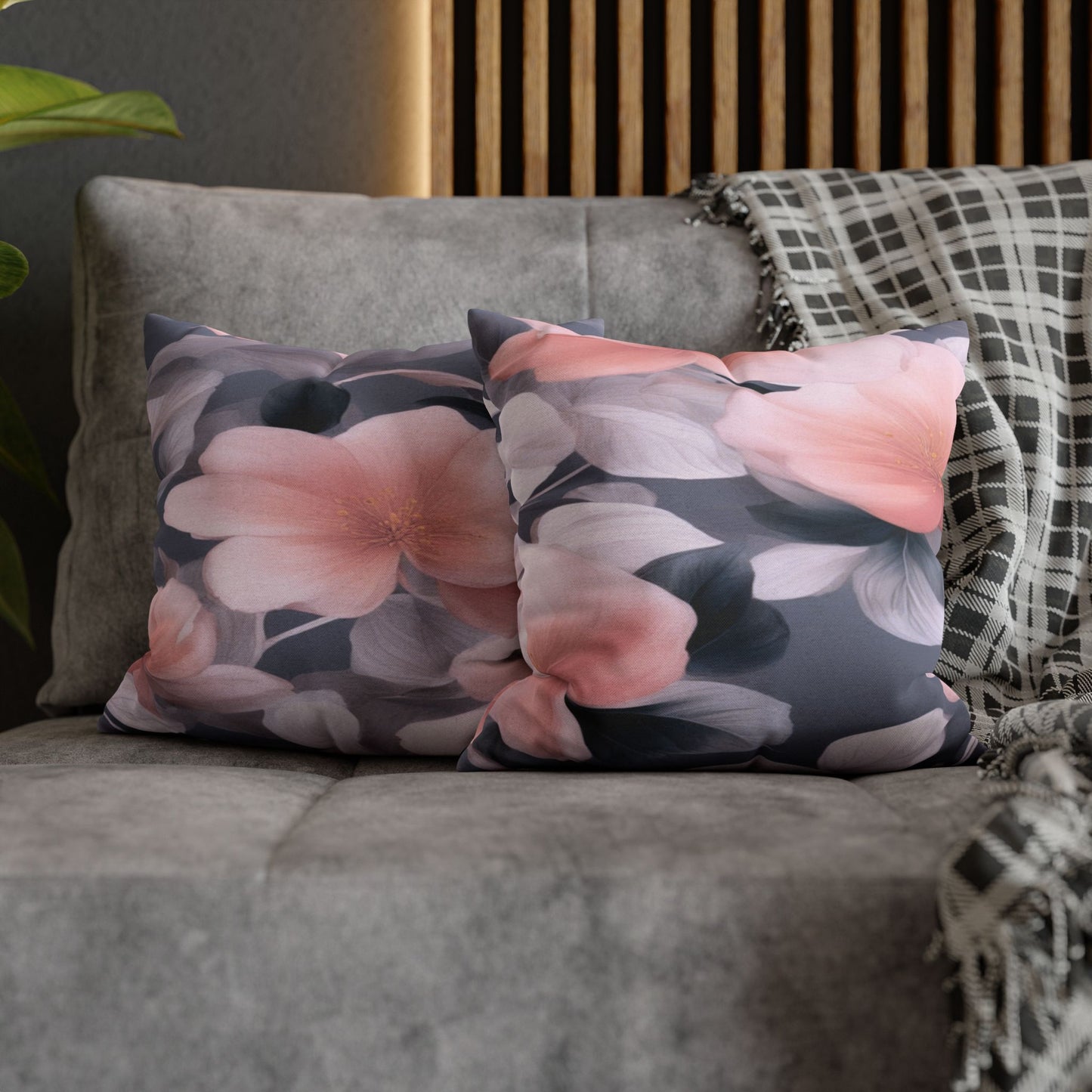 Peach and Blue Gray Floral Bunch Spun Polyester Square Pillowcase, 14" x 14"