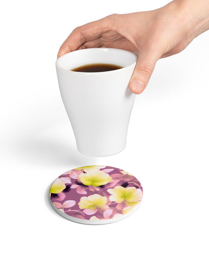 Lemon Blossom Floral Bunch Round Ceramic Coaster, 4" x 4"