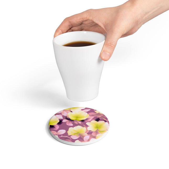 Lemon Blossom Floral Bunch Round Ceramic Coaster, 4" x 4"