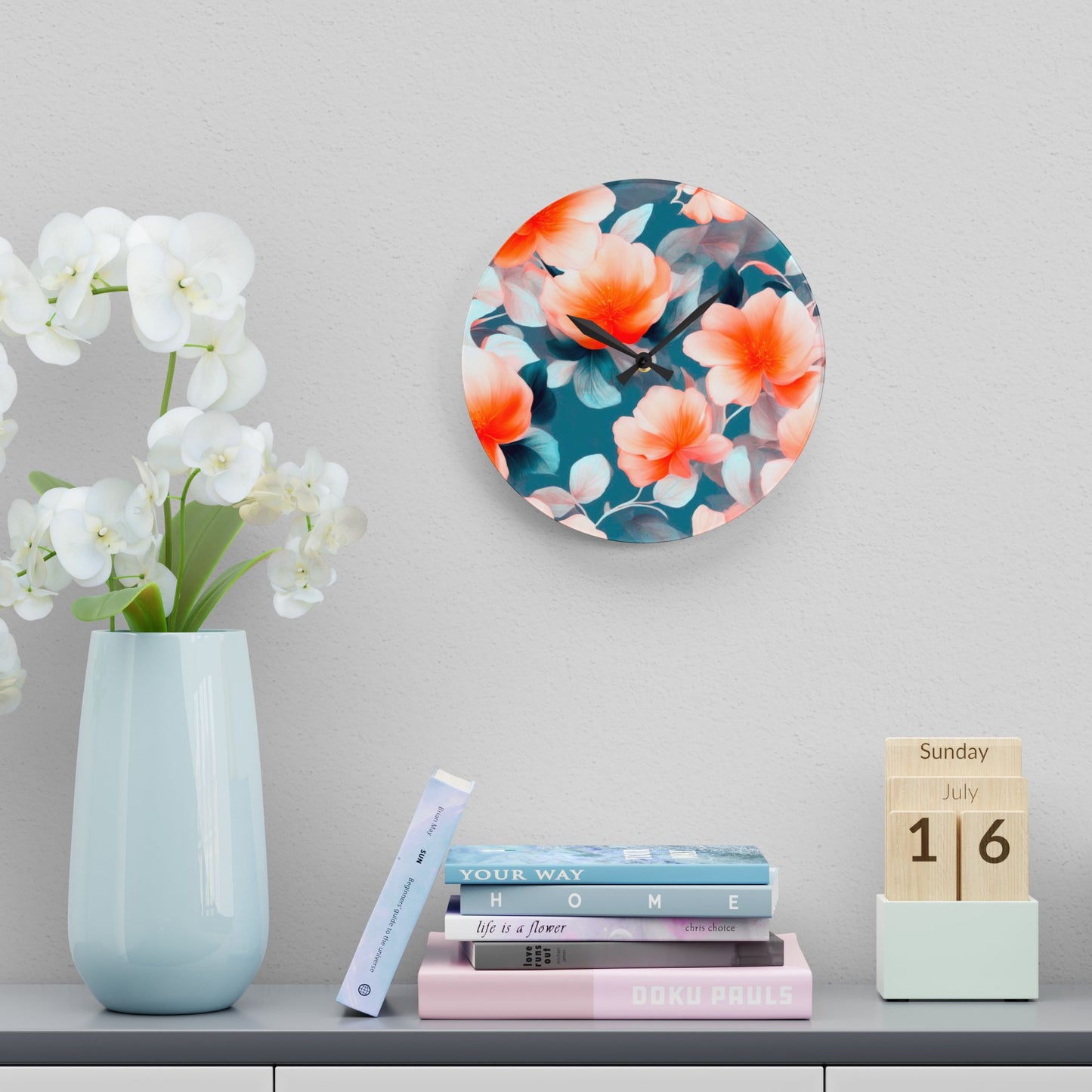 Orange Blossom Floral Bunch Acrylic Wall Clock, Round or Square, 10.75" x 10.75"