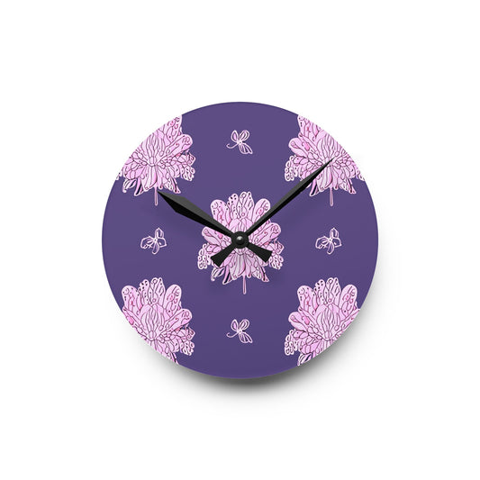 Magenta Floral Butterflies Acrylic Round Wall Clock, 8" x 8"