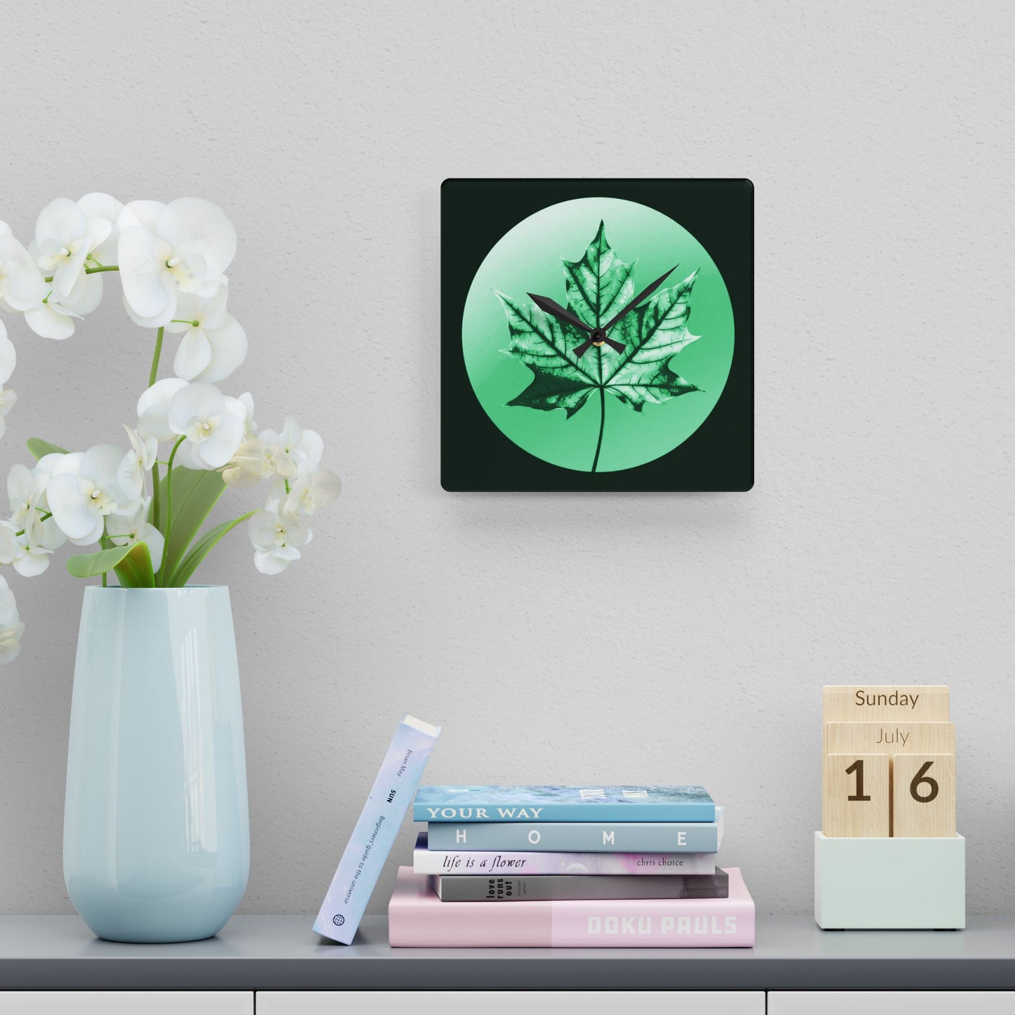 Mint Green Maple Leaf Acrylic Wall Clock, Round or Square, 10.75" x 10.75"