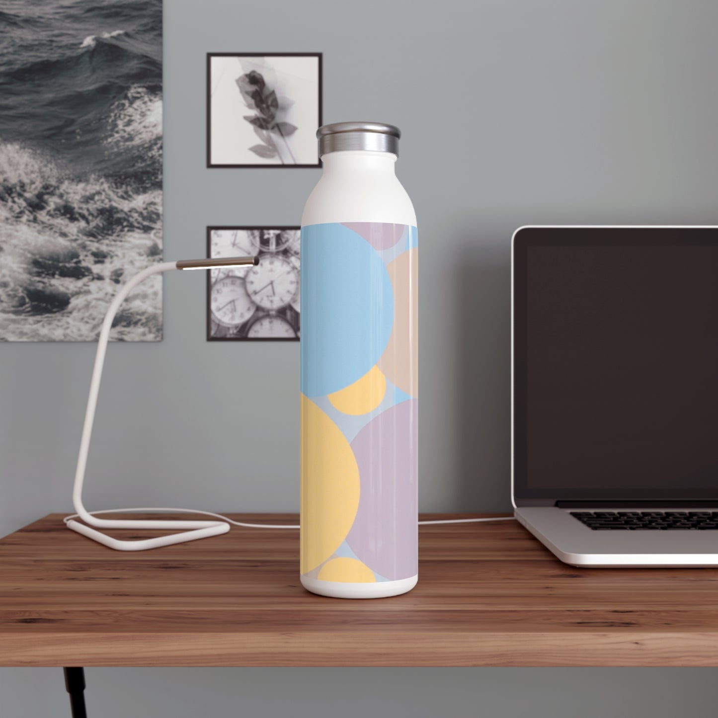 Pastel Baby Blue and Peach Patches Slim Water Bottle, 20 oz White